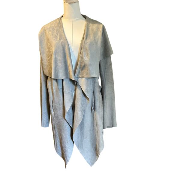 C. Luce Faux Suede Jacket Coat LG Gray Slouchy Shawl Collar Drapery Uneven Hem - Picture 11 of 13